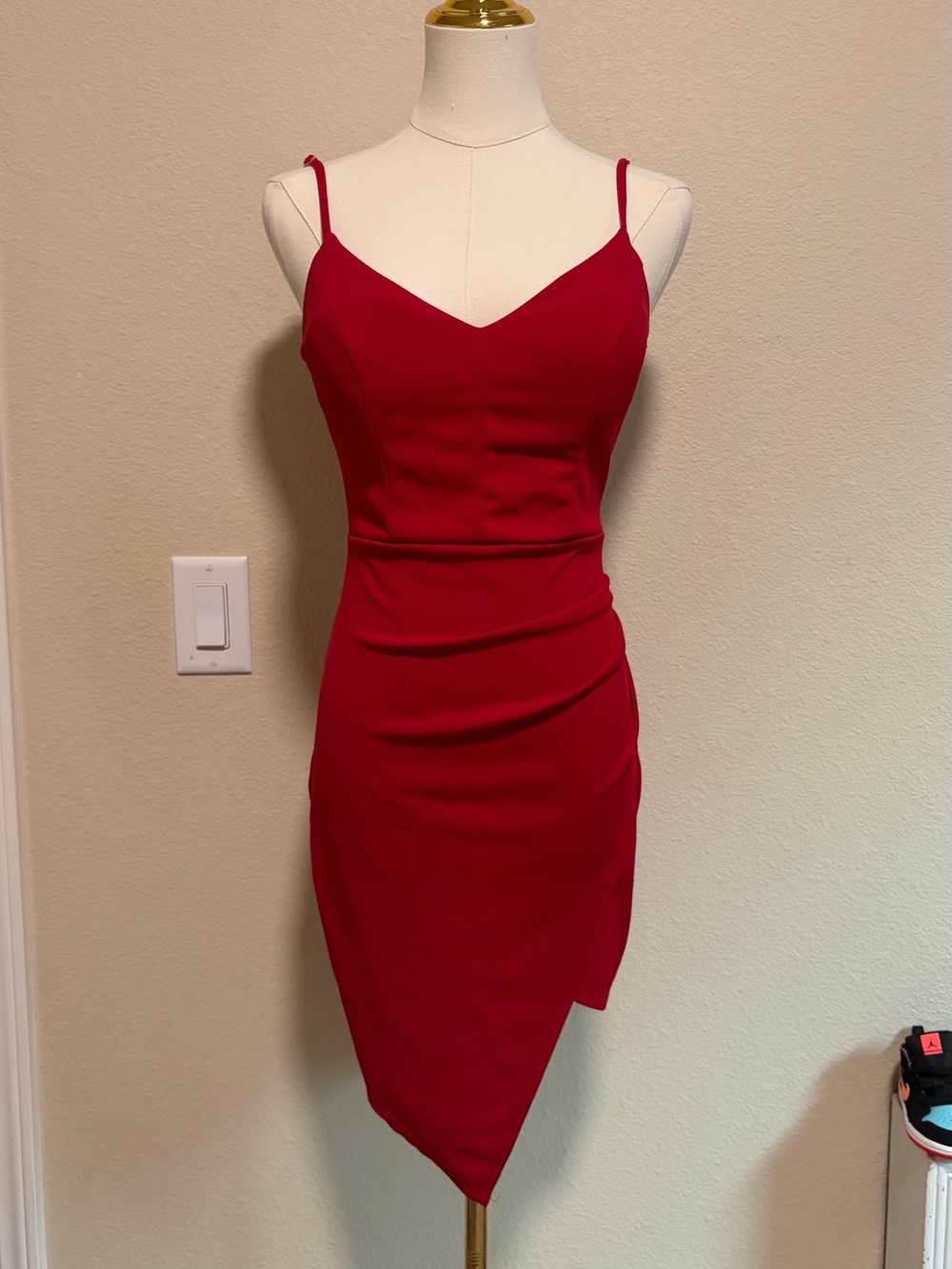 Emerald Sundae Crimson Red Spaghetti-Strap Asymmetric Mini Dress
